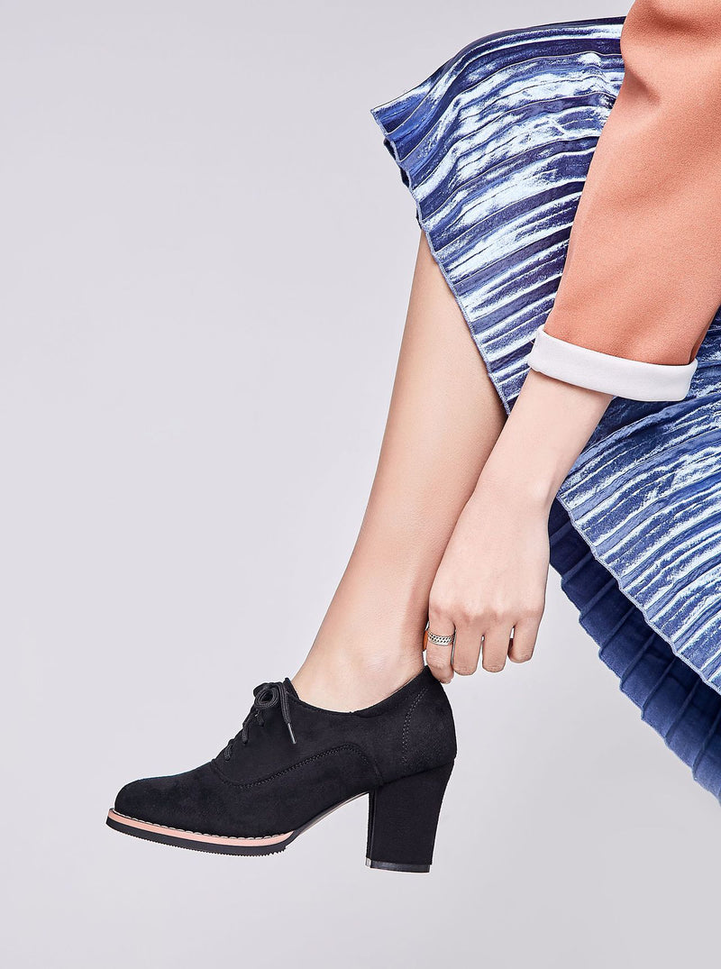 Women's block heel oxford shoes suede lace-up booties