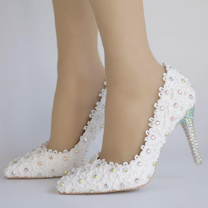 Women's white lace imitation rhinestone wedding heels