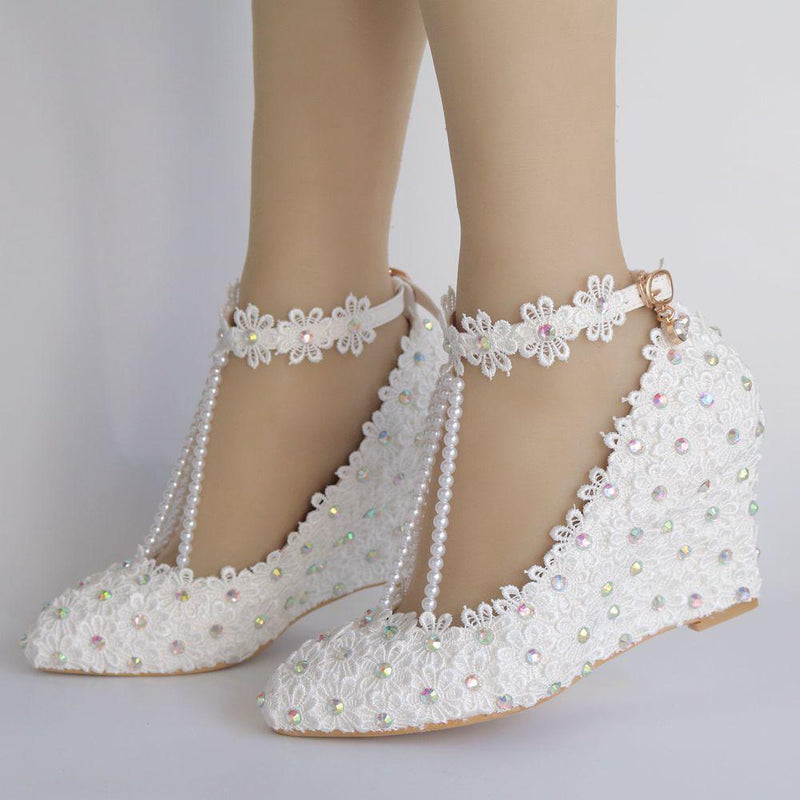 White lace pearls closed toe 3" wedge wedding sandals