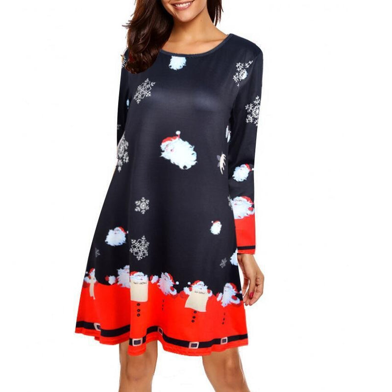Women's casual printed cartoon Christmas dress long sleeve A-line dress