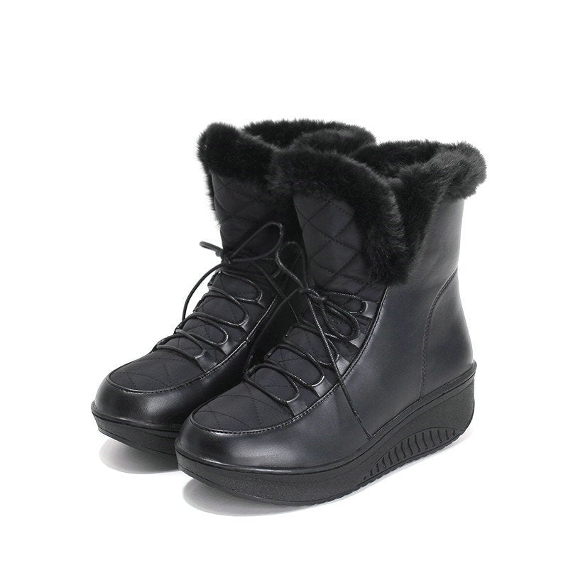 Women's thick faux fur warm lace-up snow boots | Anti-skid mid calf snow boots for mom