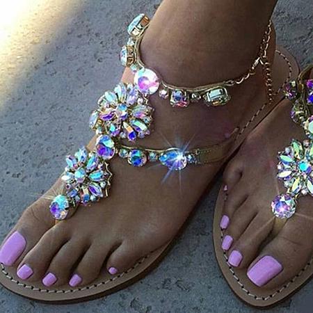 Women's colorful crystal t strap beach sandals with ankle strap