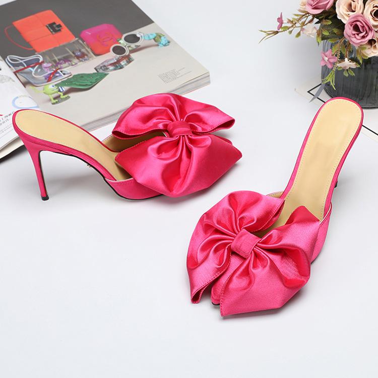 Women's pink bowknot closed toe stiletto slides cute high heel mule sandals