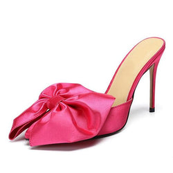 Women's pink bowknot closed toe stiletto slides cute high heel mule sandals