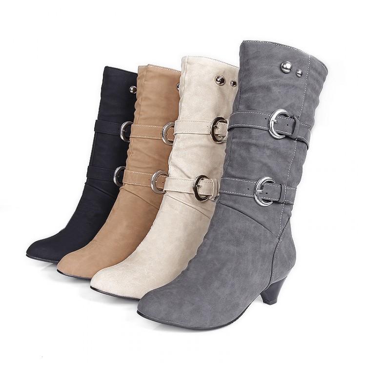Women buckle straps warm plush lining mid calf chunky low heel boots