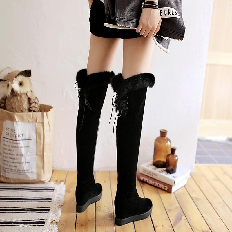 Winter warm lining fuzzy cuff back lace over the knee boots