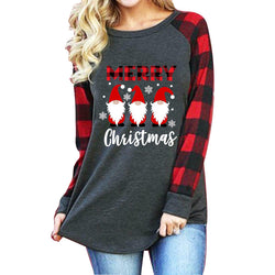 Women‘s Christmas santa printed plaid long sleeve tops Merry Christmas pullovers