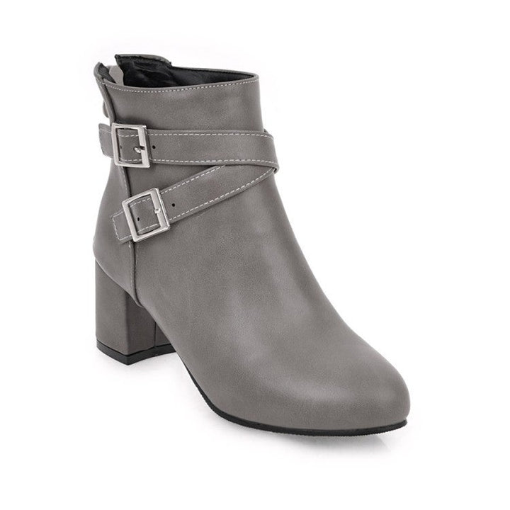 Criss buckle strap block heel ankle boots with side zipper