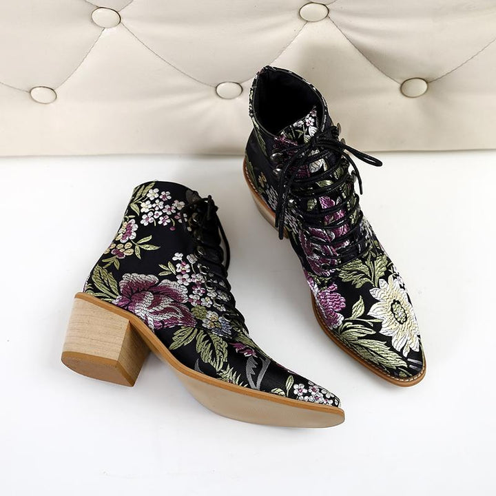 Women Embroidery Chunky Lace Up Heeled Boots - fashionshoeshouse