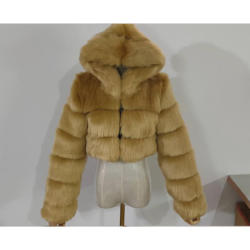 Women faux fur crop chunky hooded coat | 20 colors bubble fluffy coat
