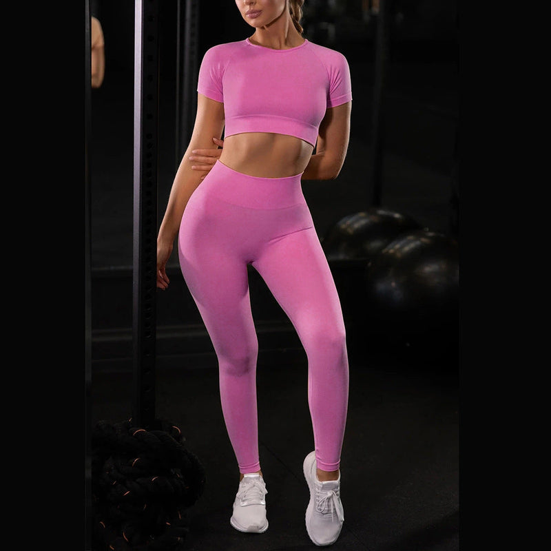 Women's 2 pieces seamless yoga outfits | Short sleeves cropped tops & legging set tracksuits