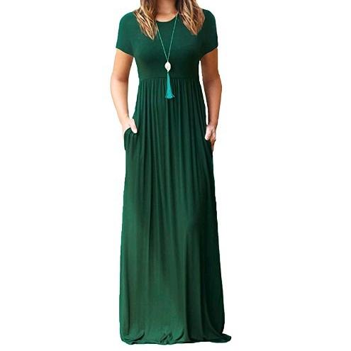 Women's short sleeves A line plain maxi dress with pockets