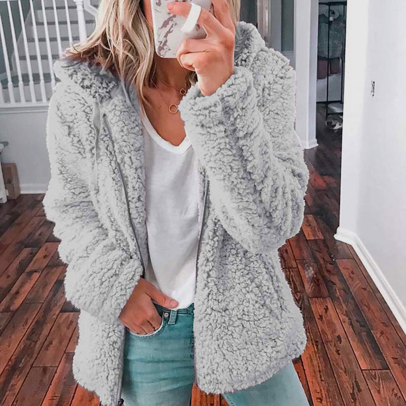 Women faux shearling hooded chunky coat fluffy warm winter zip-up outerwear