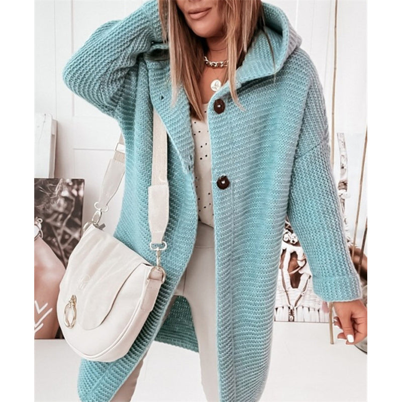 Women's knitted hooded cardigan with buttons loose fit casual cardigan