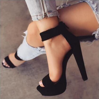 Women woven straps peep toe platform chunky high heels