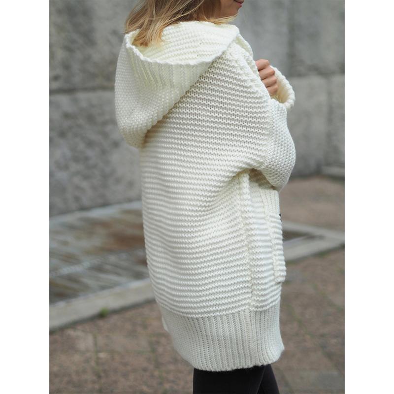 Women hooded knit open front cardigan sweater with pockets