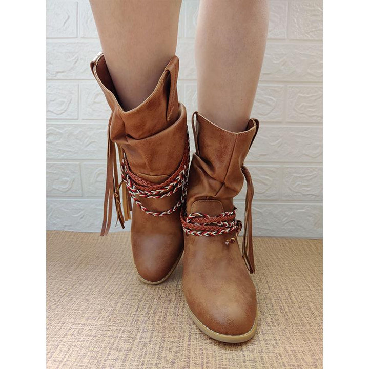 Women retro ethnic tassels block heel short cowboy boots