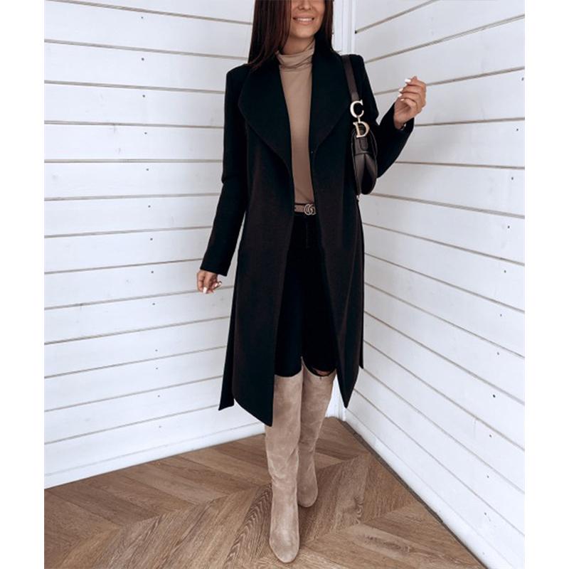 Women tweed belted lapel trench coat mid-long outerwear with pockets