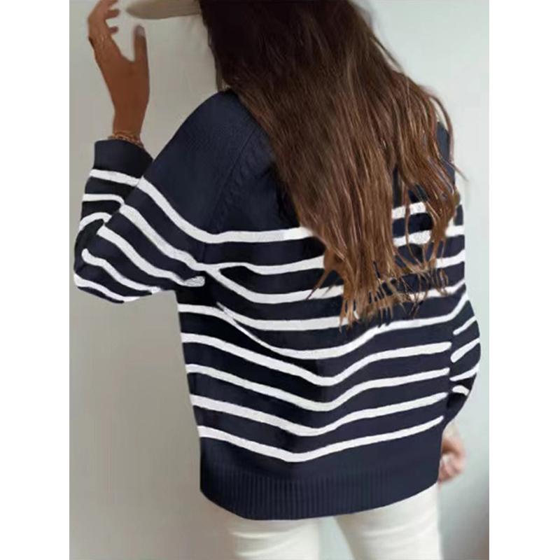 Women striped knit button up long sleeves sweater