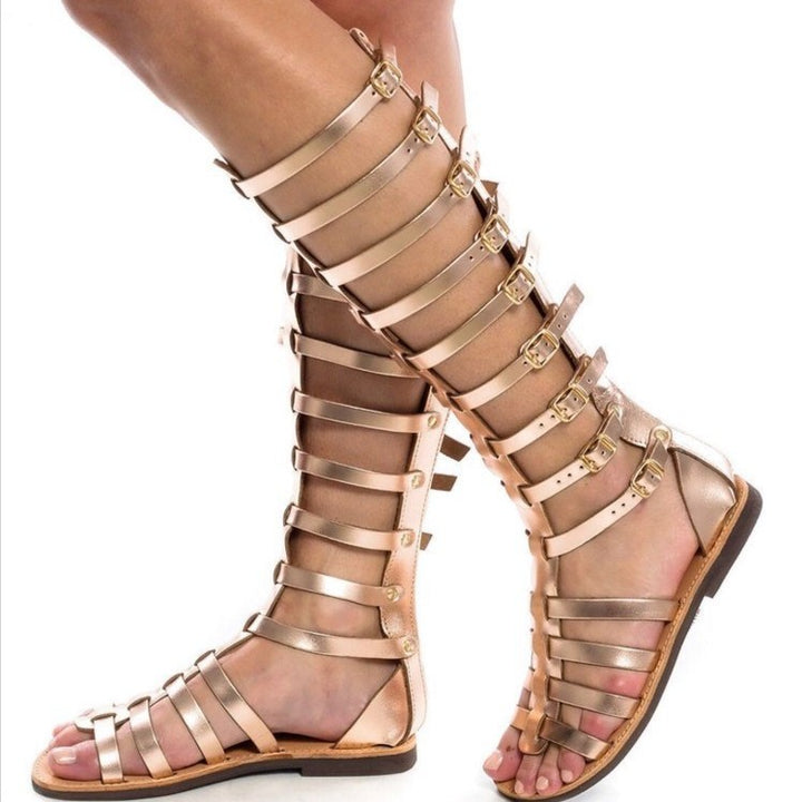 Black gold hollow buckle straps flat gladiator sandals