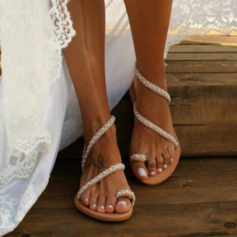 Boho Handmade Pearl Beach Sandals Bridal For Women - fashionshoeshouse