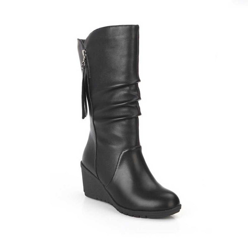 Black Mid Calf Boots for Women Wedges Heel Warm Zipper Boots - fashionshoeshouse