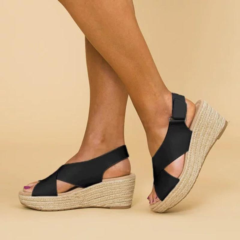 Crossed Strap Peep Toe Magic Tape Wedge Sandals For Women Summer - fashionshoeshouse