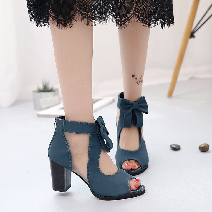 Cute bow chunky sandals peep toe cut-out chunky heels sexy
