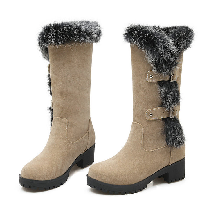 Furry mid calf snow boots faux suede boots with fuzzy trim