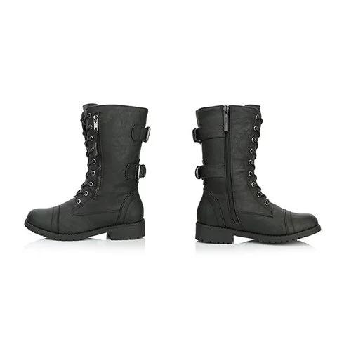 Women Lace up Mid Calf Hide Credit Card Knife Money Wallet Extra Pocket Military Combat Boots - fashionshoeshouse