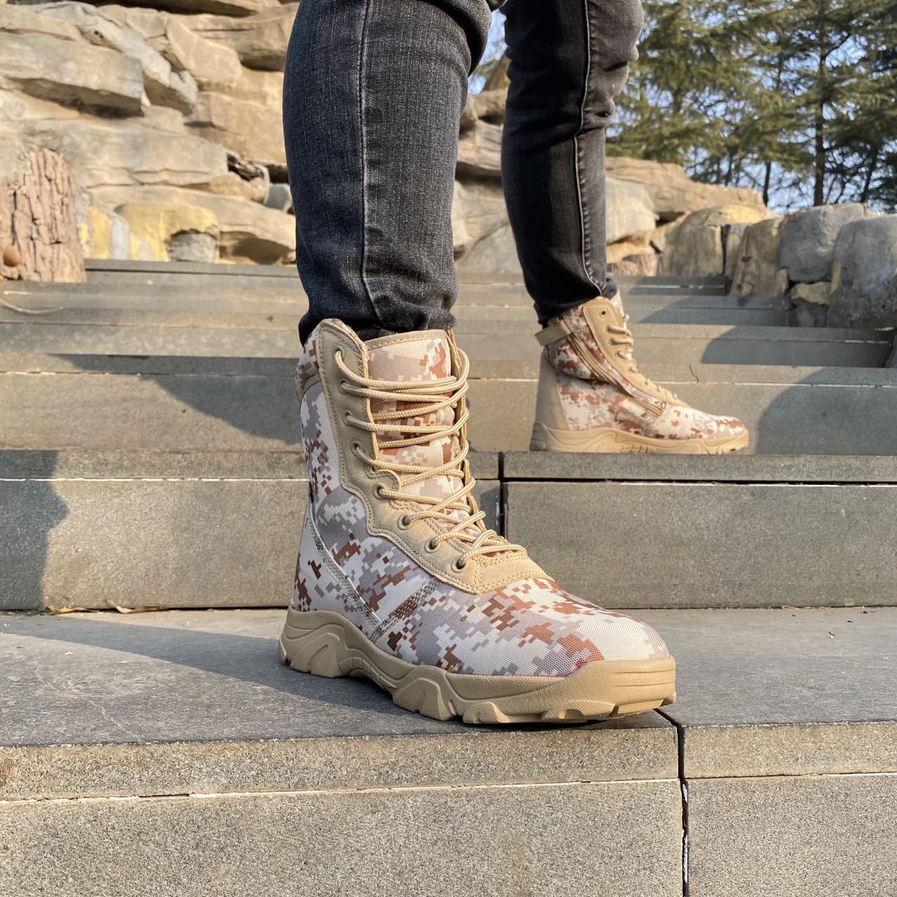 Marine Military Camouflage Camo Pattern Print Men Women Leather Boots
