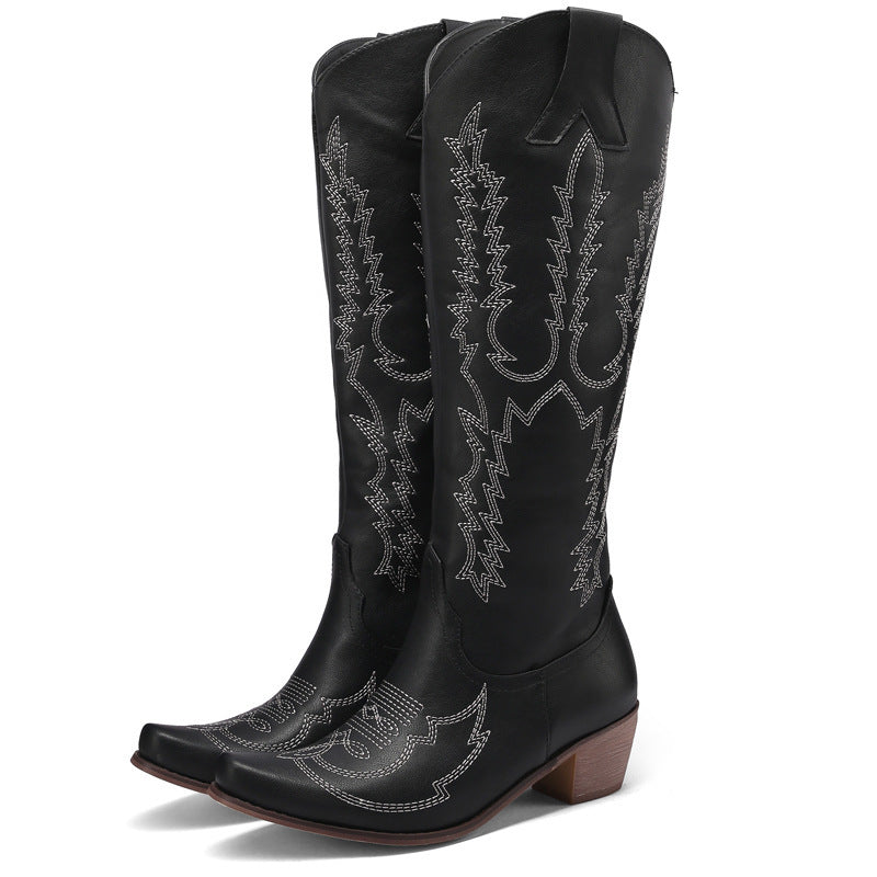 Women's flower embroidery block heels knee high cowboy boots retro western boots