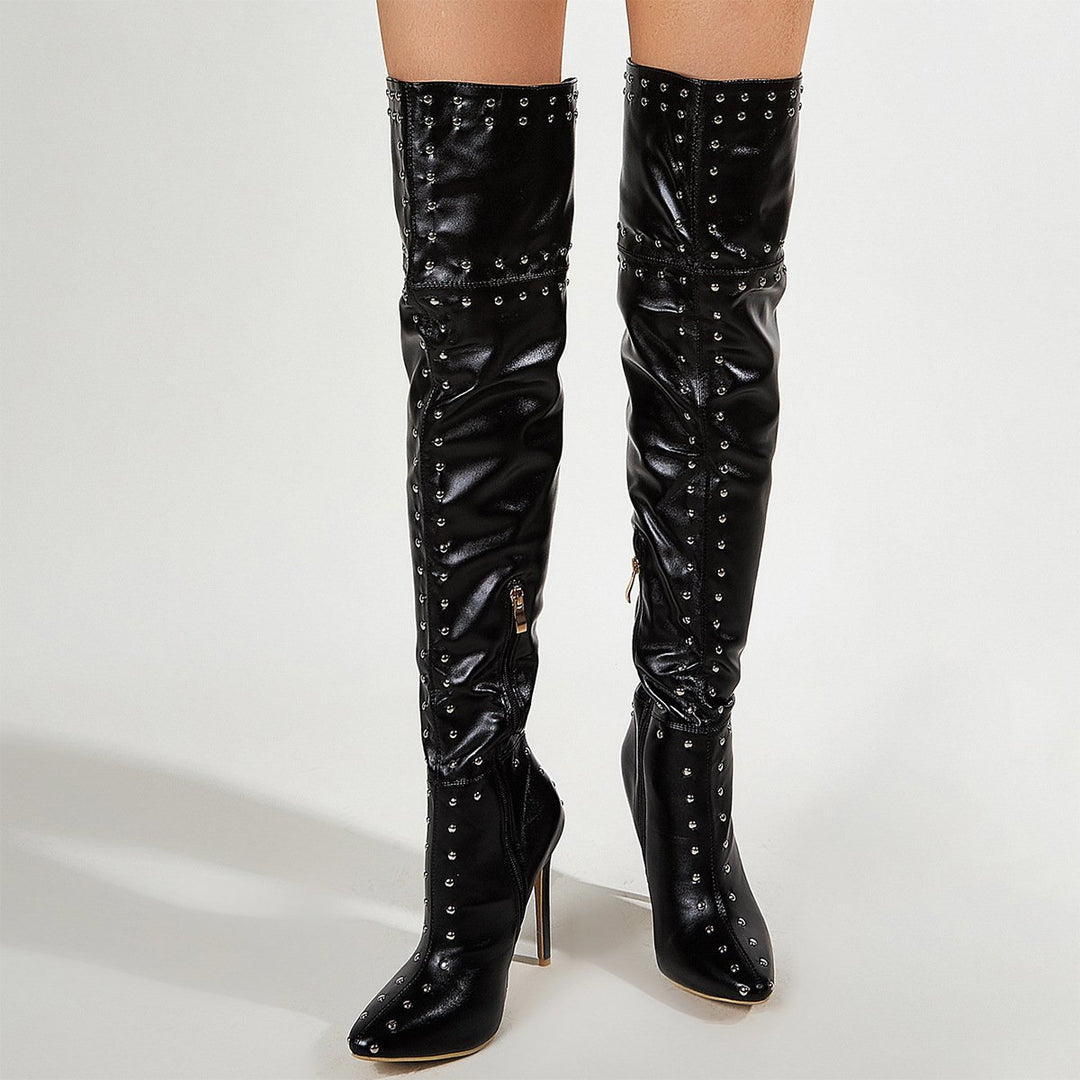 Women black sexy studded stiletto high heel thigh high boots for party club