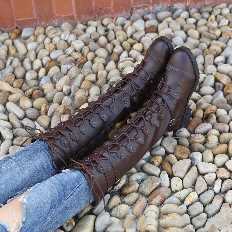 Women's buckle strap front lace-up knee high riding boots
