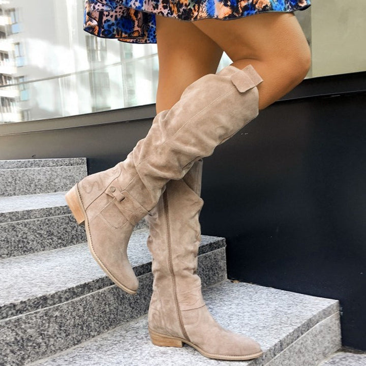 Women's faux suede low heel knee high slouch boots