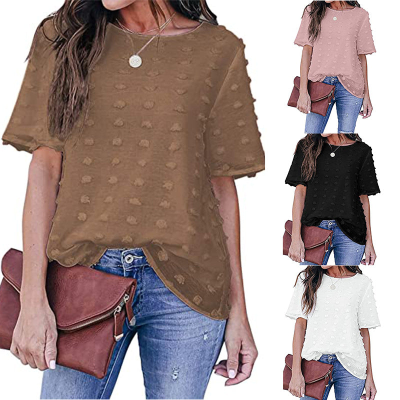 Women's swiss dot mesh crewneck short sleeves shirts Summer loose fit chiffon blouse tops