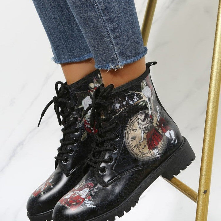 Women's vintage black cartoon firgue boots lace-up combat booties Halloween ankle boots