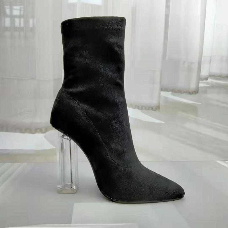 Sexy clear high heels faux suede booties