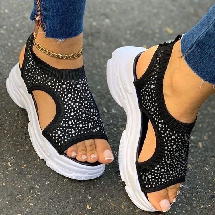 Women's rhinestone stretchy flyknit sneakers sandals soft comfy walking