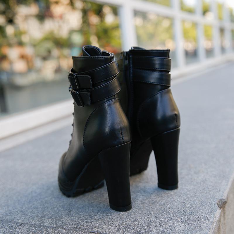 Women's chunky high heel buckle strap combat boots