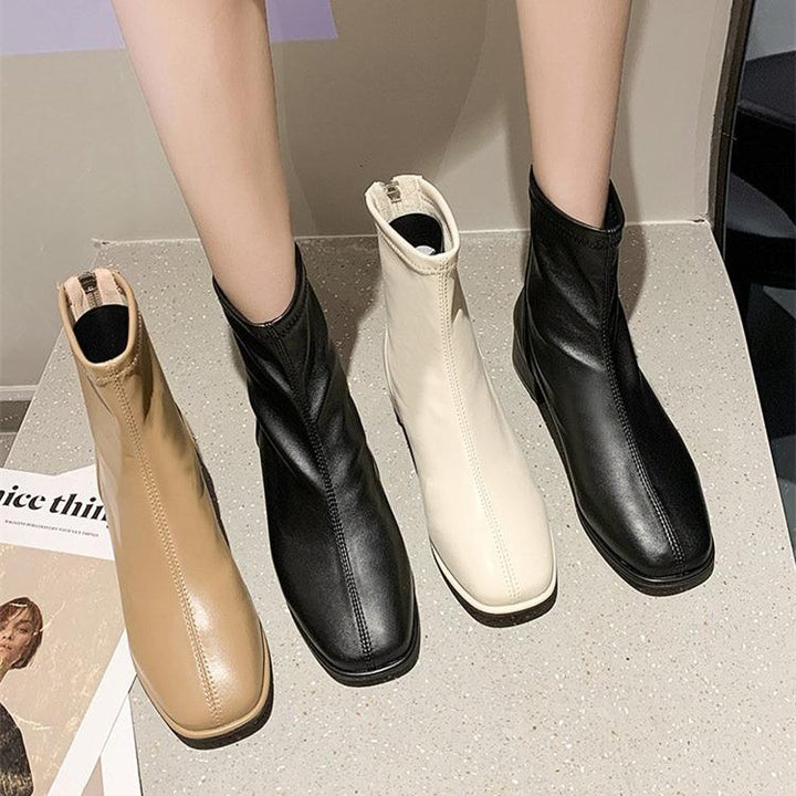 Women's elegant square toe block heel ankle booties with back zipper