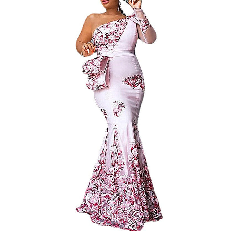 Lady's pink flower print mermaid floor-length maxi dress | Cold shoulder party maxi dress