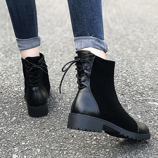Back criss lace-up short boots | Black PU fabric patchwork martin boots