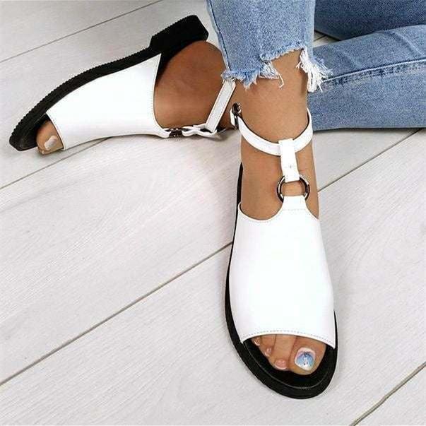 Women's peep toe flat ankle buckle strap gladiator beach sandals
