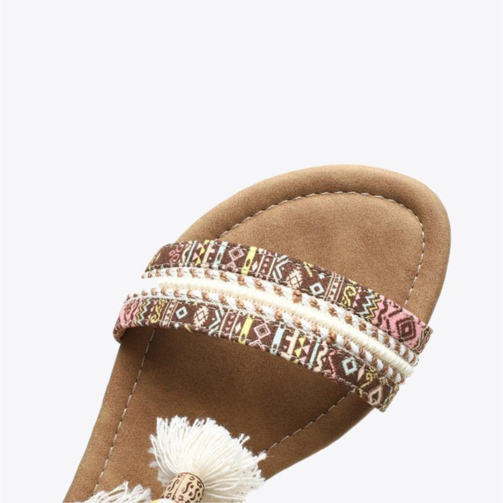 Women's boho beads poms sandals flat beach sandals