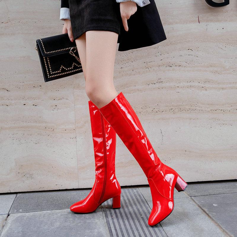 PU patent leather chunky heel knee high boots for party nightclub
