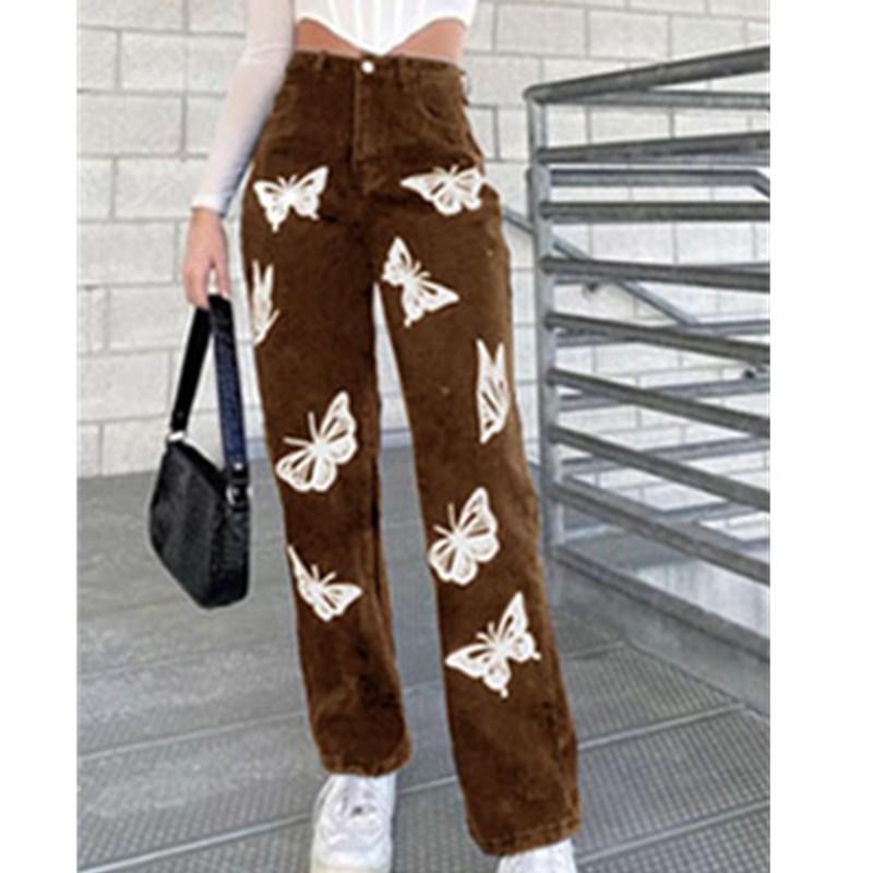 Women's high waist cute butterfly print colored jeans sttraight leg
