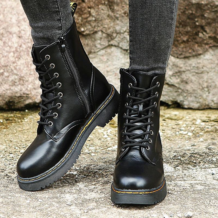 Women's platform side zipper mid calf combat boots