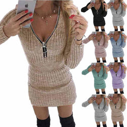 Knitted zip-up v neck bodycon short mini Dress