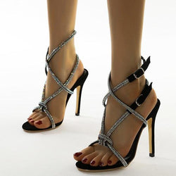 Women's sexy open toe rhinestone 2 ankle buckle straps stiletto high heels